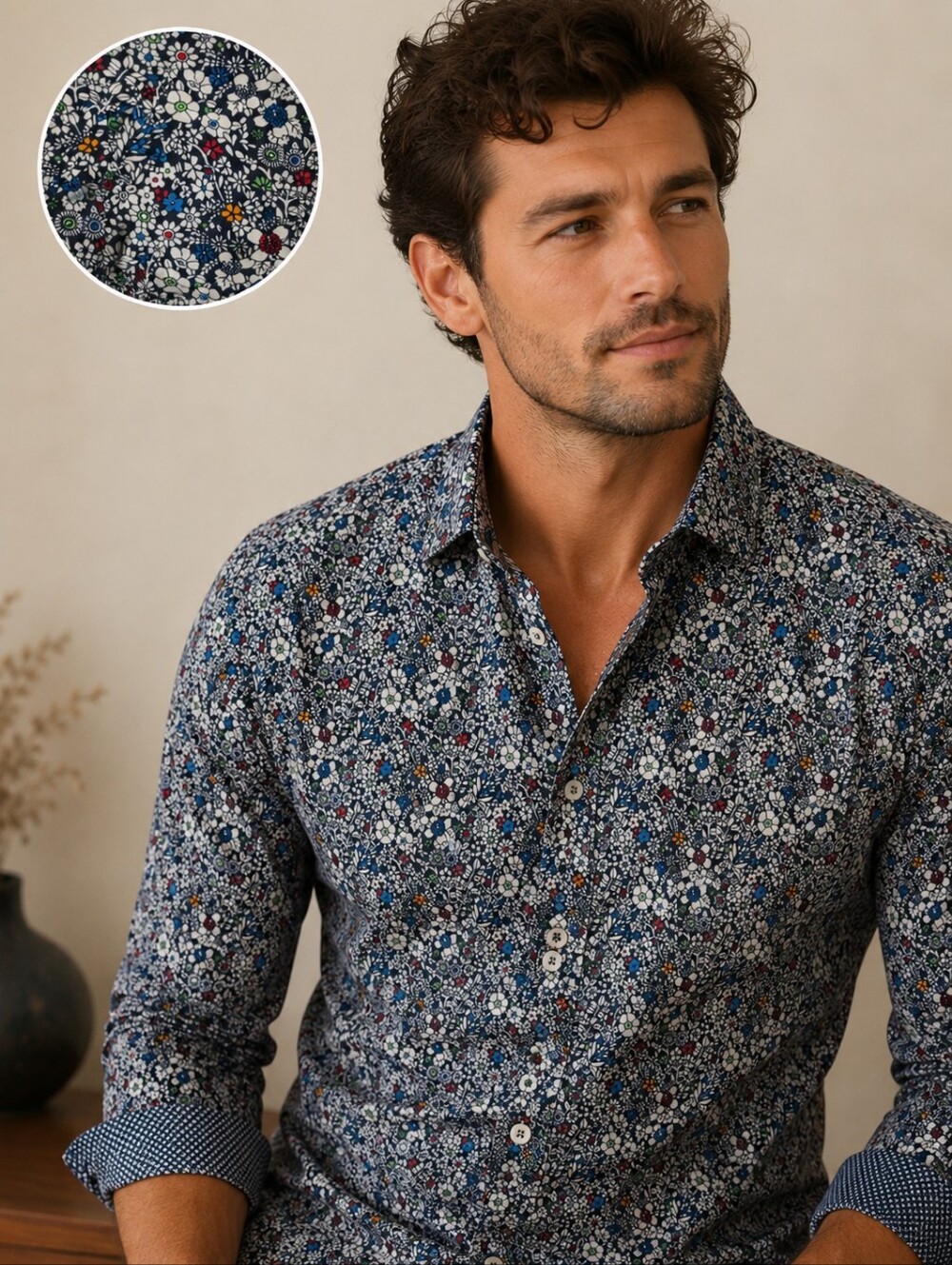 Le 31 Men's Navy Floral Print Button-Up Shirt Semi-Fit Size Medium